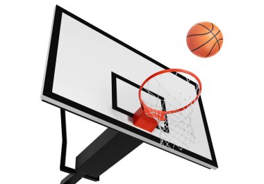 Ağ üzerinde yüzen turuncu basketbol topu. Başarı kavramı. Puan ve galibiyet