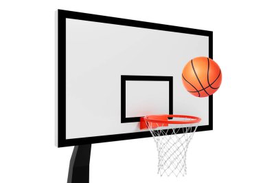 Ağ üzerinde yüzen turuncu basketbol topu. Başarı kavramı. Puan ve galibiyet