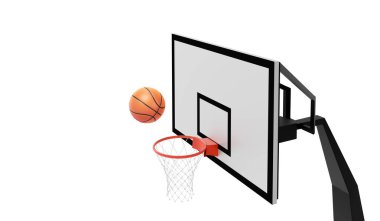 Ağ üzerinde yüzen turuncu basketbol topu. Başarı kavramı. Puan ve galibiyet