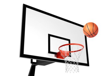 Ağ üzerinde yüzen turuncu basketbol topu. Başarı kavramı. Puan ve galibiyet