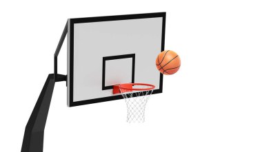 Ağ üzerinde yüzen turuncu basketbol topu. Başarı kavramı. Puan ve galibiyet