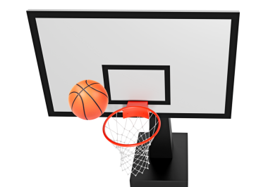 Ağ üzerinde yüzen turuncu basketbol topu. Başarı kavramı. puan toplama ve kazanma, şeffaf arkaplan