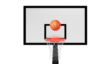 Ağ üzerinde yüzen turuncu basketbol topu. Başarı kavramı. puan toplama ve kazanma, şeffaf arkaplan