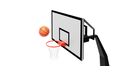 Ağ üzerinde yüzen turuncu basketbol topu. Başarı kavramı. puan toplama ve kazanma, şeffaf arkaplan