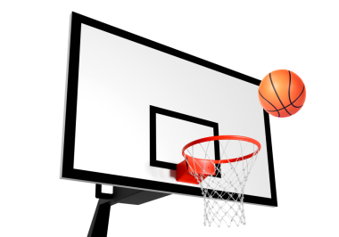 Ağ üzerinde yüzen turuncu basketbol topu. Başarı kavramı. puan toplama ve kazanma, şeffaf arkaplan