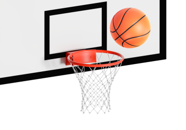 Ağ üzerinde yüzen turuncu basketbol topu. Başarı kavramı. puan toplama ve kazanma, şeffaf arkaplan