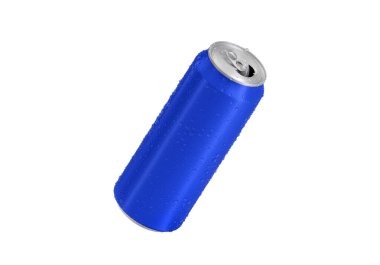 Beyaz zemin üzerinde su damlaları olan mavi alüminyum soda kutusunu aç