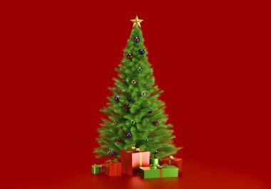 Kırmızı arka planda yeni yıl hediyeleriyle süslenmiş Noel ağacı