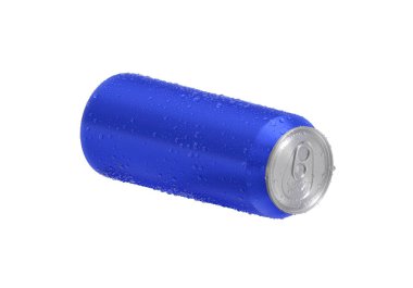 Beyaz zemin üzerinde su damlaları olan mavi alüminyum soda kutusu