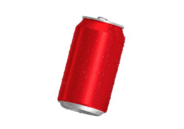 Beyaz zemin üzerinde su damlaları olan kırmızı alüminyum soda kutusunu aç