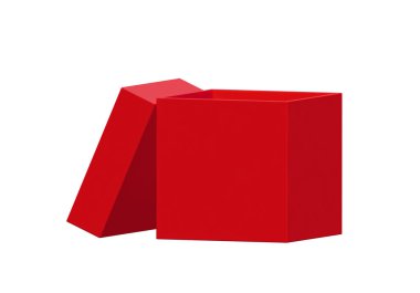 Beyaz arkaplanda izole edilmiş kırmızı kutuyu aç. Tasarım için parlak ürün paketi