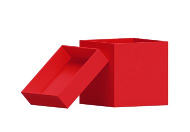 Beyaz arkaplanda izole edilmiş kırmızı kutuyu aç. Tasarım için parlak ürün paketi