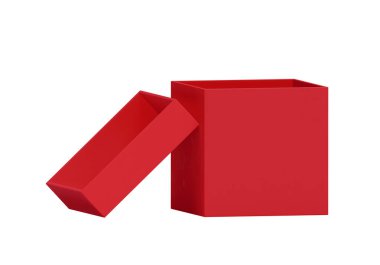 Beyaz arkaplanda izole edilmiş kırmızı kutuyu aç. Tasarım için parlak ürün paketi