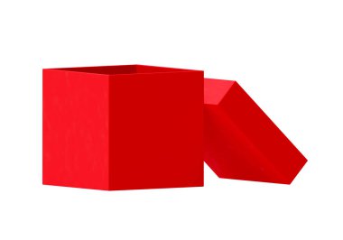 Beyaz arkaplanda izole edilmiş kırmızı kutuyu aç. Tasarım için parlak ürün paketi