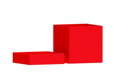 Beyaz arkaplanda izole edilmiş kırmızı kutuyu aç. Tasarım için parlak ürün paketi