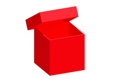 Beyaz arkaplanda izole edilmiş kırmızı kutuyu aç. Tasarım için parlak ürün paketi