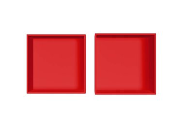 Üst Manzara. Beyaz arkaplanda izole edilmiş kırmızı kutuyu aç. Tasarım için parlak ürün paketi