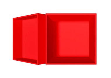 Üst Manzara. Beyaz arkaplanda izole edilmiş kırmızı kutuyu aç. Tasarım için parlak ürün paketi