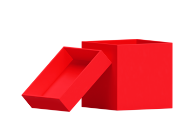Beyaz arkaplanda izole edilmiş kırmızı kutuyu aç. Tasarım için parlak ürün paketi, şeffaf arkaplan