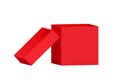 Beyaz arkaplanda izole edilmiş kırmızı kutuyu aç. Tasarım için parlak ürün paketi, şeffaf arkaplan