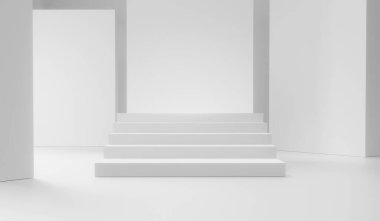 Soyut beyaz oda boşluğunda modern bir merdiven..