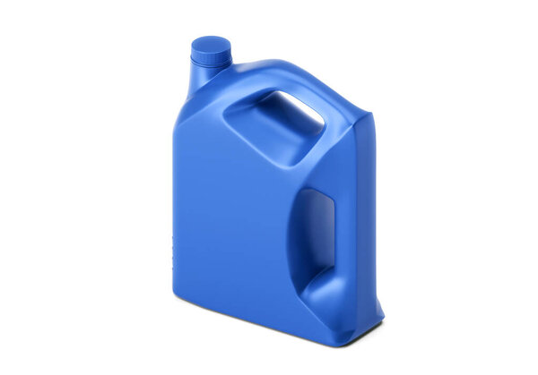 Empty blue plastic engine oil bottle, on white background