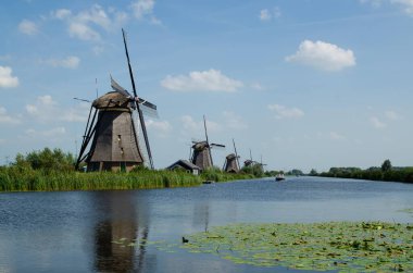 Kinderdijk, Hollanda, Ağustos 2019. Güzel bir yaz gününde, tipik bir manzarayla karşılaşırız. Hollanda kırsalında, mükemmel durumda, tarihi yel değirmenleri kanallarla kaplıdır. .