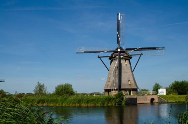 Kinderdijk, Hollanda, Ağustos 2019. Güzel bir yaz gününde, Hollanda kırsalında, uzun yeşil otlarla kaplanmış, mükemmel durumda, tarihi bir rüzgar değirmeni..
