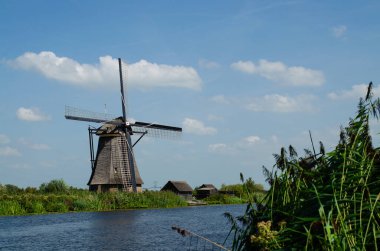 Kinderdijk, Hollanda, Ağustos 2019. Güzel bir yaz gününde, Hollanda kırsalında, uzun yeşil otlarla kaplanmış, mükemmel durumda, tarihi bir rüzgar değirmeni..