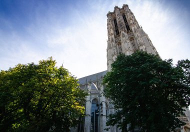 Mechelen, Belçika, Ağustos 2019. Heybetli katedralde Gotik tarzda 97 metre çan kulesi yer alıyor. Mavi gökyüzü ile güzel bir yaz günü.