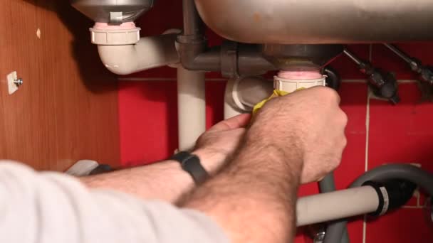 Check Water Drainage Circuit Kitchen Sink Plumber Fixing Leak Yellow — Stock Video