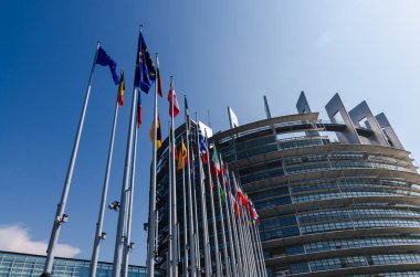Strasbourg, Fransa. Ağustos 2019. Avrupa Parlamentosu 'nun modern koltuğuna giriş. Avrupa Birliği üye ülkelerinin bayraklarıyla bir sıra bayrak direği, ülkeye girenleri karşılıyor.