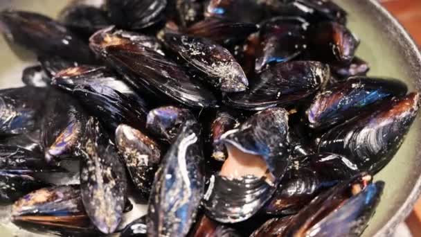 Imágenes Panorámicas Cerca Una Olla Mejillones Que Cocinan Puede Ver — Vídeos de Stock