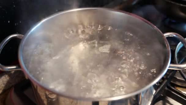クローズアップ沸騰した水の鍋の上に撮影した 手は調理のための水にスパゲティを置きます イタリアの地中海料理の典型的な料理 — ストック動画