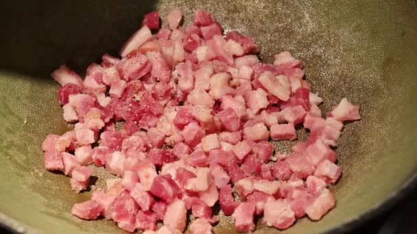 Närbild Skillet Där Tärnad Bacon Brun Kvarn Används För Att — Stockvideo