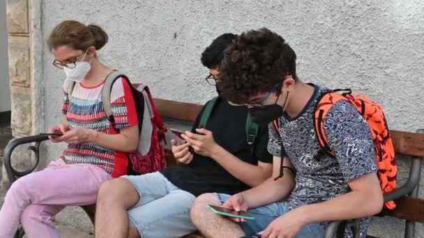 Une Femme Âge Moyen Ses Enfants Consultent Leur Smartphone Pendant — Video