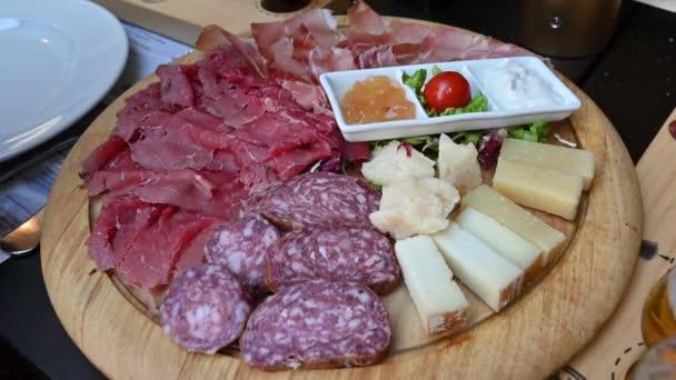 Appetizing Platter Cold Cuts Assorted Cheeses Trentino Specialties Speck Accompany — Stock Video