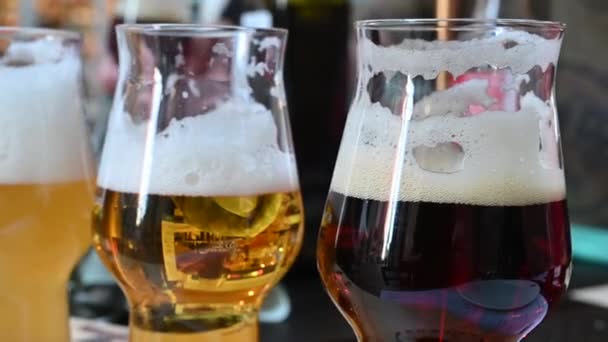 Proef Brouwerij Met Glazen Van Verschillende Kleuren Opaciteiten Van Drank — Stockvideo