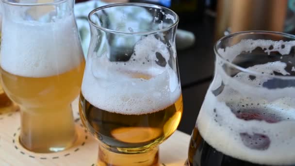 Tasting Brewery Glasses Different Colors Opacities Drink Background Blurred Indistinguishable — Stock Video