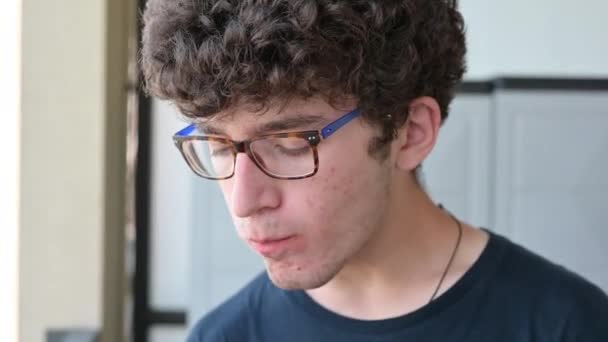 Portrait Cute Caucasian Boy Glasses Curly Hair While Enjoying Slice — Video