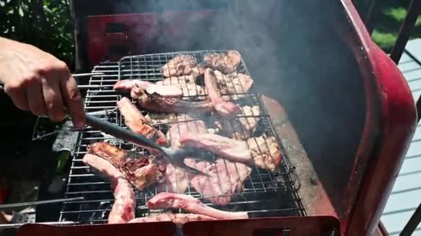 Primer Plano Una Parrilla Apetitosa Las Costillas Cerdo Pollo Están — Vídeo de stock