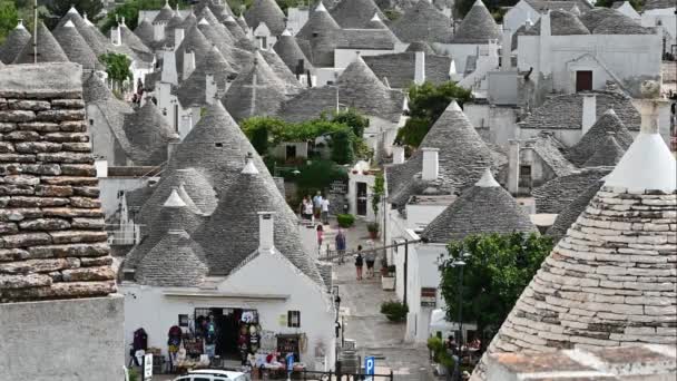 Alberobello Apulien Italien Augusti 2021 Fantastiska Flygbilder Den Förtrollande Historiska — Stockvideo