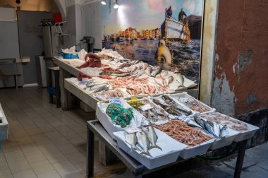 Ceneviz, ligurya, İtalya. 18 Mayıs 2024. Genova deniz ürünleri tezgahında canlı taze balık, karides ve kabuklu deniz ürünleri sergileniyor. İtalya 'nın hareketli ligurian sokak pazarında.