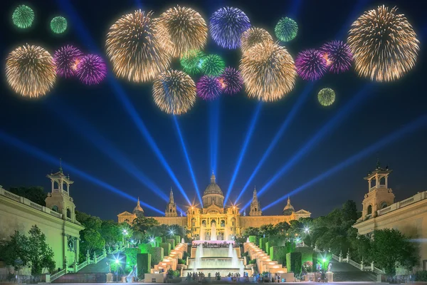 Beautiful fireworks under Magic Fountain in Barcelona — Stock Photo, Image