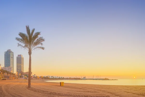 Barceloneta Beach in Barcelona at sunrise — Stock Photo, Image