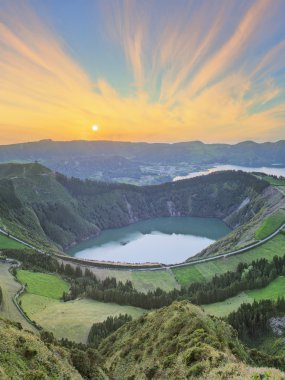 Mountain landscape with hiking trail and view of beautiful lakes, Ponta Delgada, Sao Miguel Island, Azores, Portugal clipart