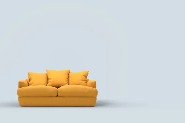 黄色沙发 枕头在工作室灰色背景 沙发的3D渲染和图解 — 图库照片