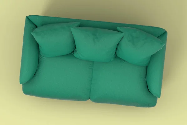 スタジオの黄色の背景に枕付きの緑のソファ ソファの3Dレンダリングとイラスト — ストック写真