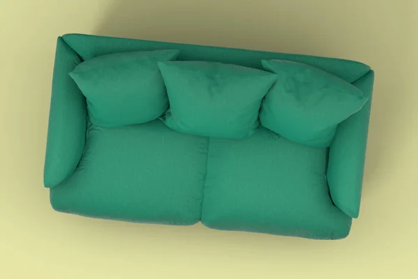 Grüne Couch Mit Kissen Auf Gelbem Hintergrund Rendering Und Illustration — Stockfoto