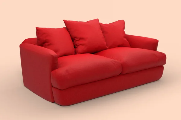 Sofá Rojo Con Almohadas Sobre Fondo Rosa Estudio Representación Ilustración — Foto de Stock